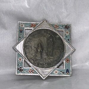 Notre Dame De Lourdes Renaissance Style Silver Tone Medal on hanging plate